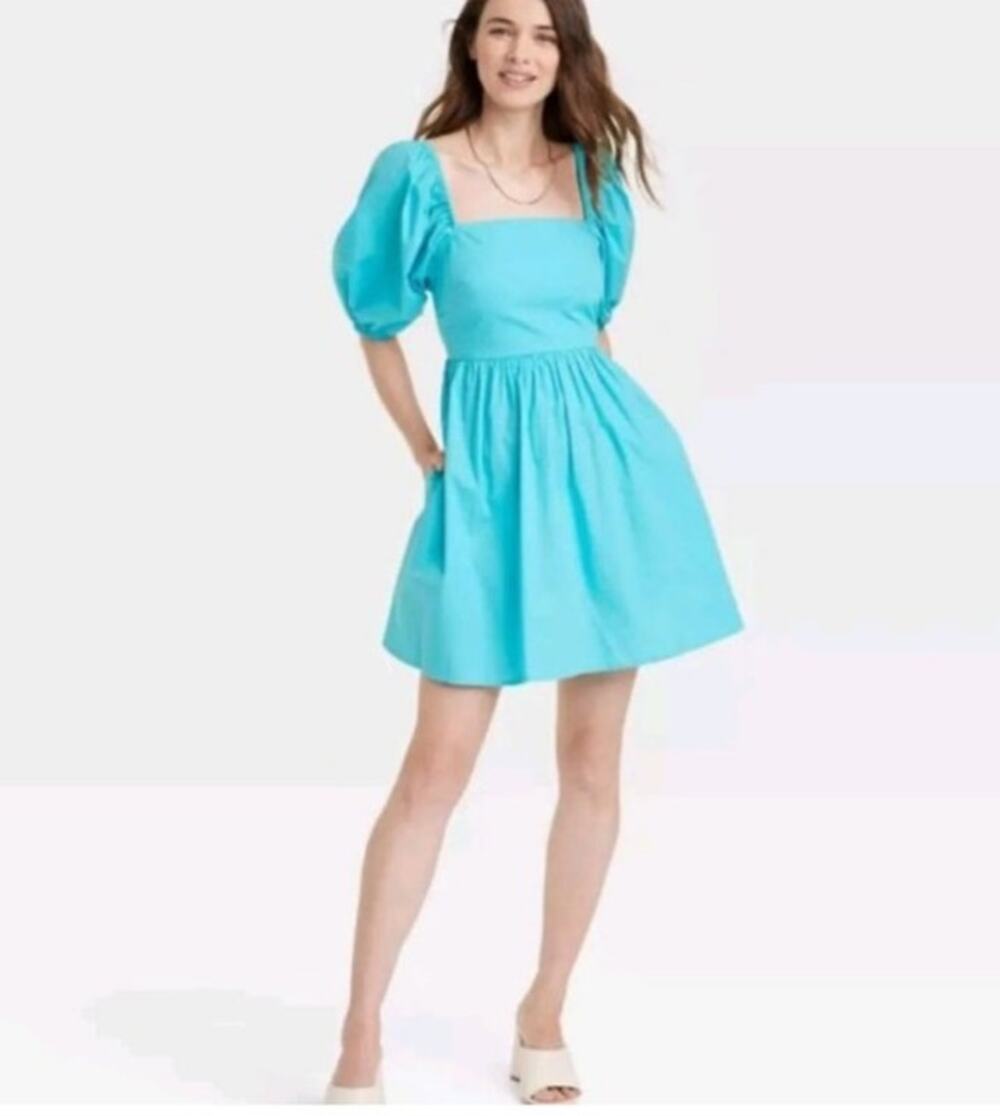 A New Day Teal Puff Sleeve Square Neck Cotton Pocket Mini Dress Size M